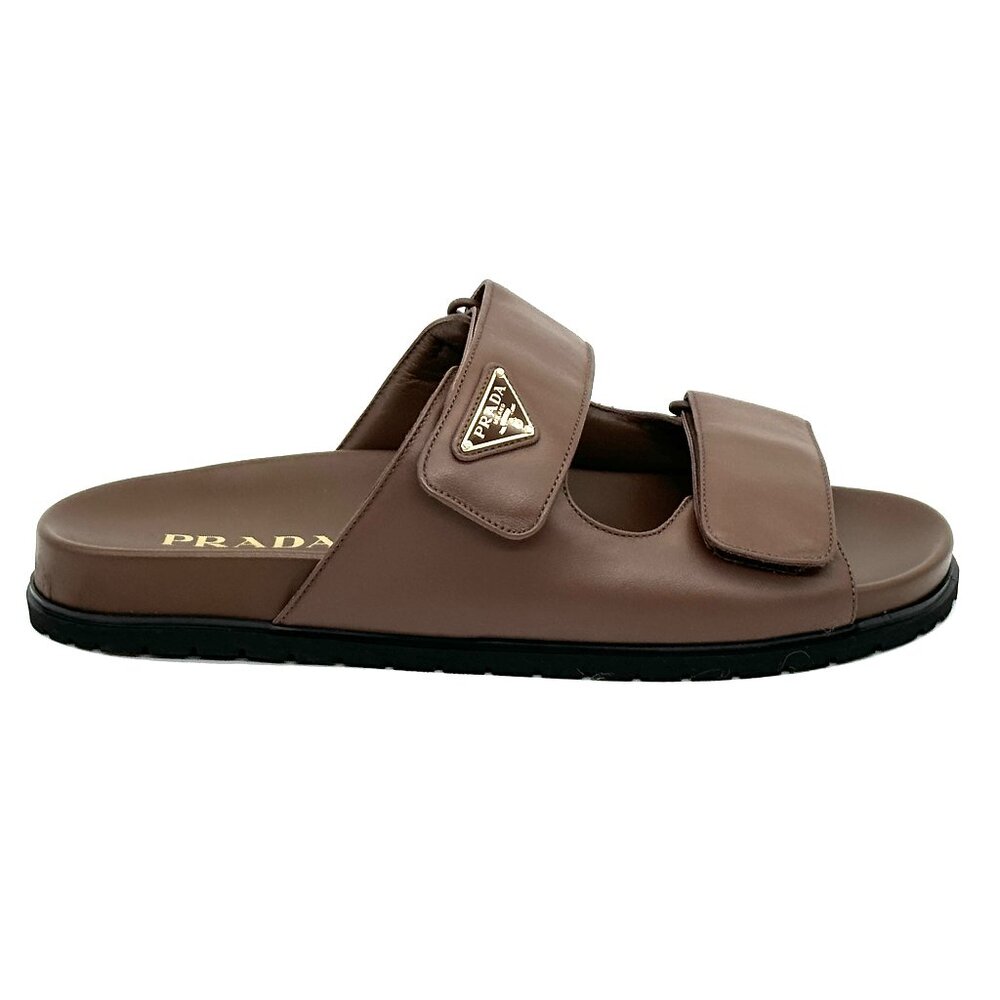 PRADA Triangle Logo Double Band Leather Flat Slide Dad Sandals Shoes Cacao - Picture 11 of 16